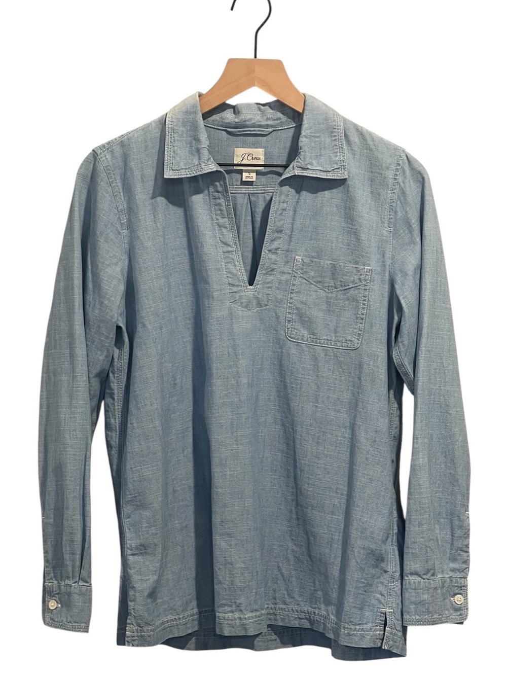 J. Crew Light Blue Chambray Popover Shirt, V-Neck, Collared, Long Sleeve, Size S - Picture 2 of 14